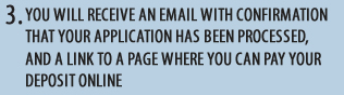YOU WILL RECEIVE AN EMAIL WITH CONFIRMATION THAT YOUR APPLICATION HAS BEEN APPROVED, AND A LINK TO A PAGE WHERE YOU CAN PAY YOUR DEPOSIT ONLINE